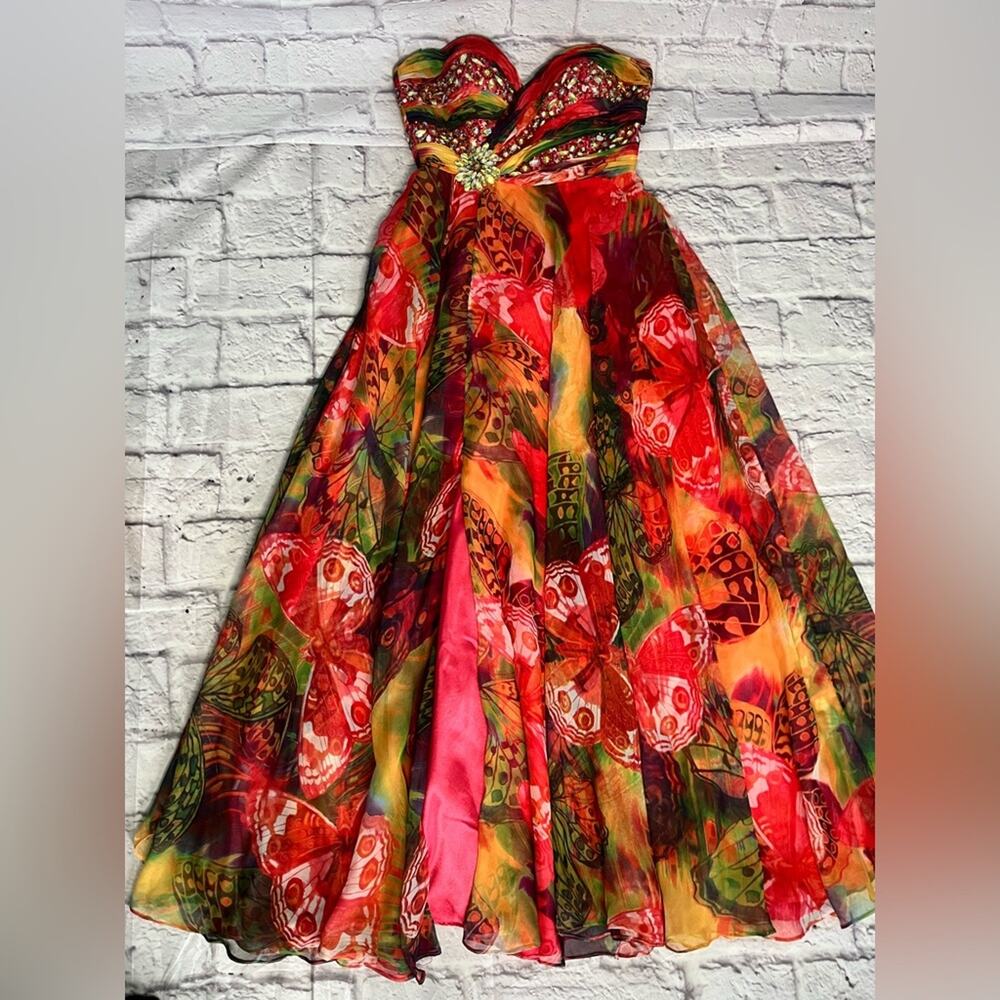Frenchy by Heather French Henry Colorful Boho Strapless Chiffon Maxi Gown - Picture 3 of 12